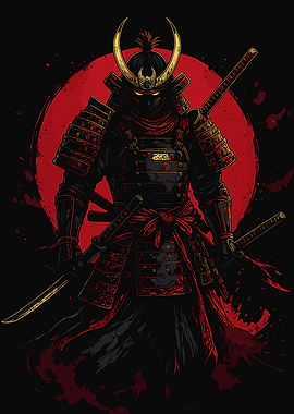 Samurai Warrior with Red Moon