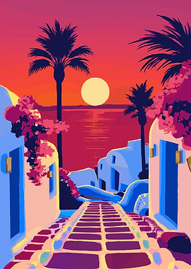 Santorini Sunset Illustration