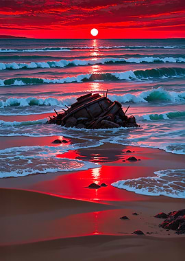 Red Sunset Beach with Shipwreck