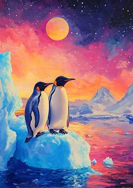 Penguins on Iceberg Under Colorful Sky