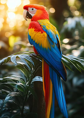 Colorful Macaw Parrot Perched on Branch