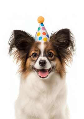 Happy Papillon Dog with Party Hat