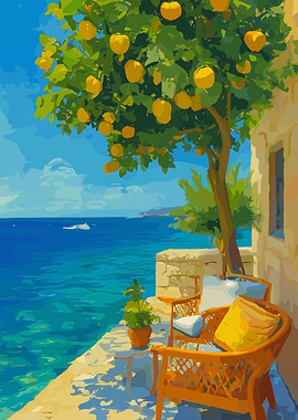 Seaside Terrace with Lemon Tree Painting