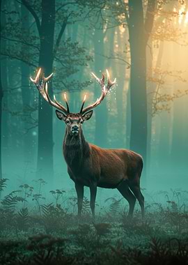 Glowing Antler Deer in Misty Forest