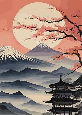 Japanese Landscape with Pagoda and Mountains