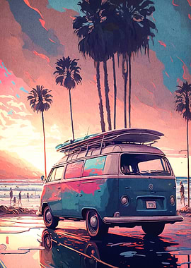 VW Bus Sunset Beach