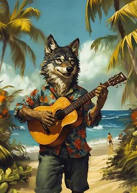 Wolf playing guitar on tropical beach