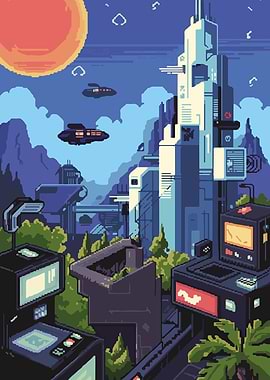 Pixel Art Futuristic Cityscape with Spaceships