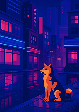 Shiba Inu in Neon Cityscape