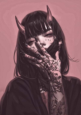 Demon Girl with Tattoos and Horns