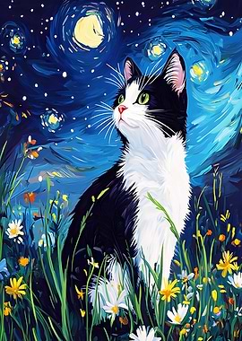 Cat in Starry Night Style Painting