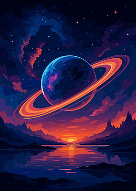 Ringed Planet over Water at Sunset