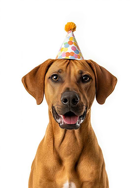 Rhodesian Ridgeback Dog with Birthday Hat Portrait