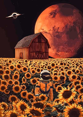 Astronaut in Sunflower Field with Mars