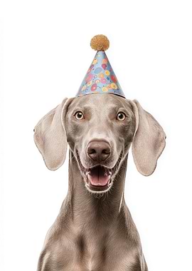 Smiling Weimaraner Dog with Party Hat