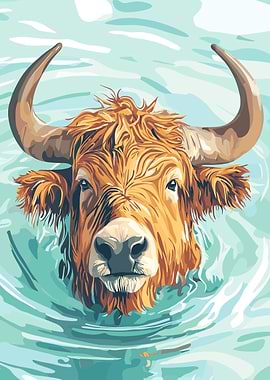 Swimming Highland Cow Illustration