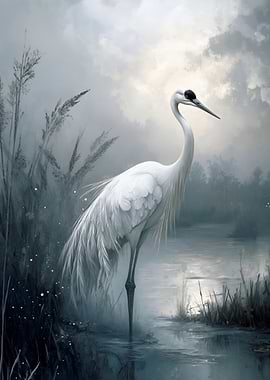 Elegant White Crane in Misty Waters