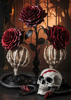 Gothic Roses, Skull, and Snake Still Life