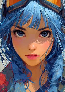 Blue-haired anime girl with goggles