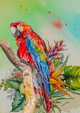 Colorful Parrot on Branch with Flowers