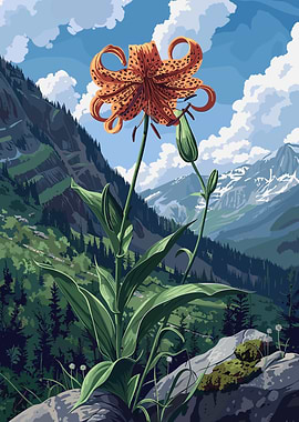 Tiger Lily in Mountain Landscape
