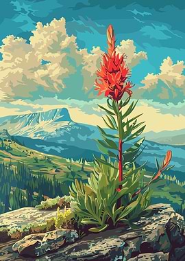 Red Flower Mountain Landscape Illustration