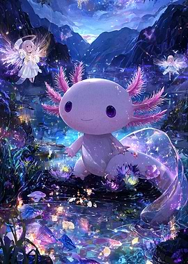 Axolotl with Angels in Fantasy Landscape