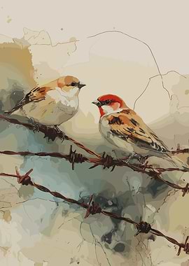Two Birds on Barbed Wire Painting