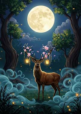 Magical Deer in Moonlight Forest