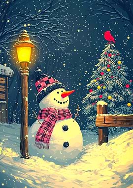 Snowman Christmas Scene with Cardinal
