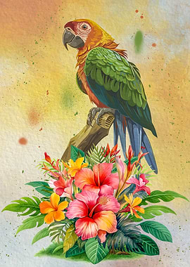 Watercolor Parrot with Tropical Flowers