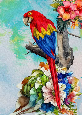 Colorful Parrot with Floral Watercolor Painting