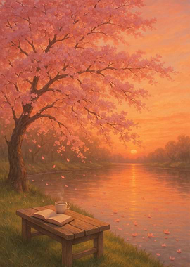 A peaceful riverside scene with cherry blossoms