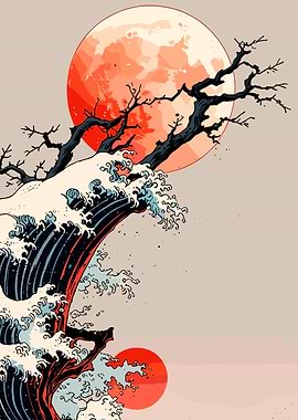 Japanese Wave with Moon and Tree