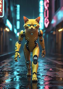 Cat Robot in Rainy City