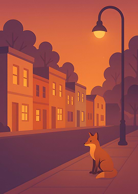 Fox on a Street at Sunset