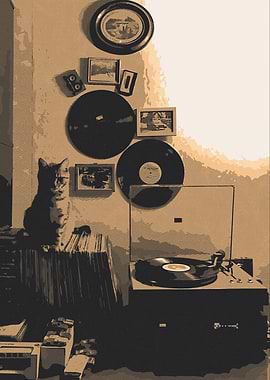 Cat, Records, and Vintage Turntable