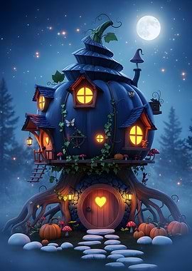 Whimsical Pumpkin House at Night