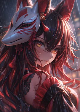 Anime Girl with Fox Mask in Rain