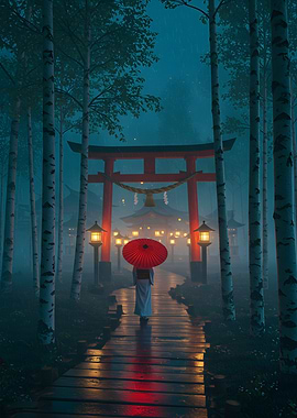 Japanese Shrine in Misty Forest