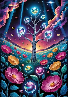 Surreal Landscape with Glowing Orbs and Flowers
