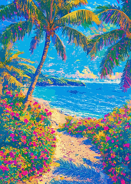 Tropical beach with palm trees painting