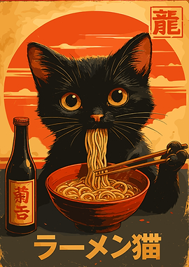 Cat eating ramen noodle illustration