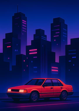 Red Car in a Neon Cityscape