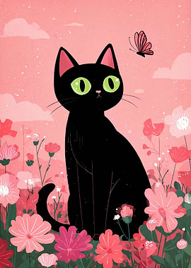 Black Cat in a Pink Flower Field