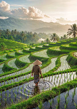 Rice Terraces and Farmer in Bali