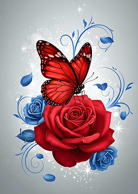 Red Butterfly on Red Rose Illustration