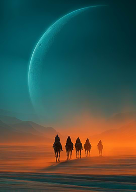 Desert Caravan Under a Giant Moon