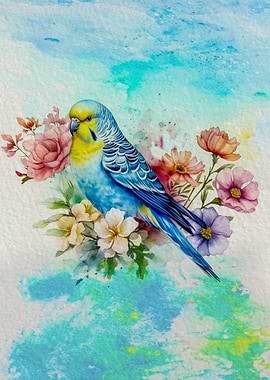Watercolor Budgie with Flowers