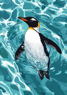 Penguin Swimming in Blue Water